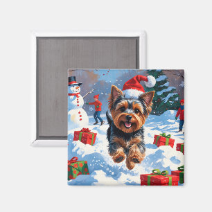 Aimant Yorkshire Terrier en neige avec Casquette de Noël