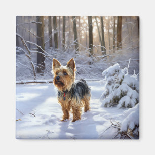Aimant Yorkshire Terrier Laisser Neige Noël
