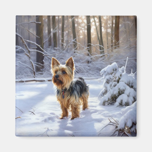Aimant Yorkshire Terrier Laisser Neige Noël (Devant)