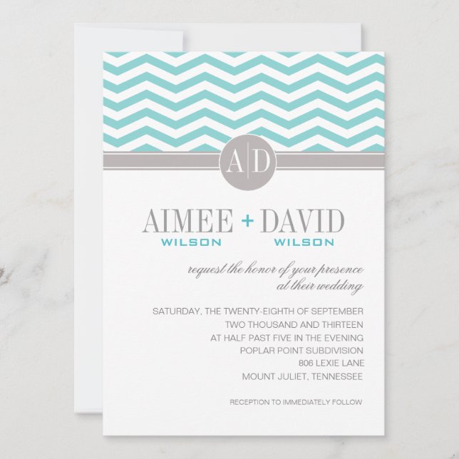 Aimee Chic Zickzack Monogramm| aquamarine Hochzeit Einladung (Vorderseite)
