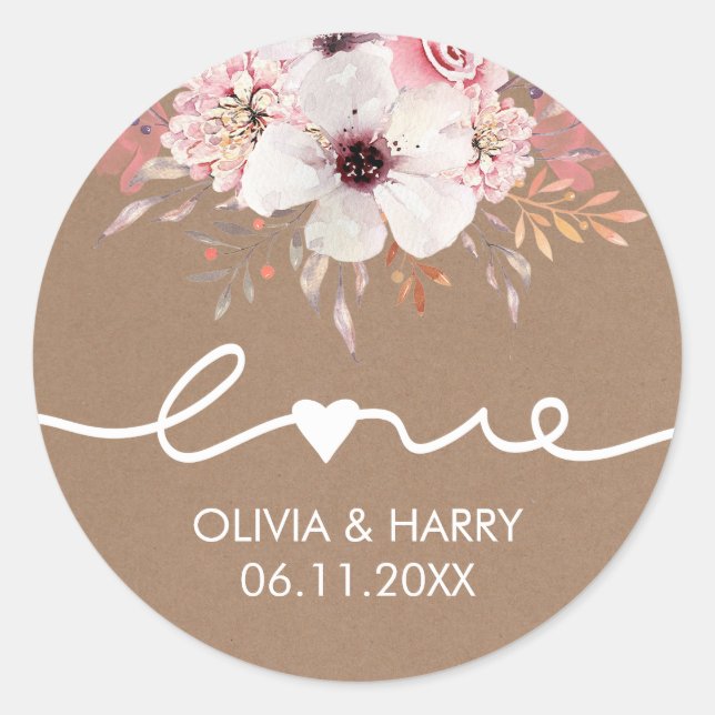 Aimer Floral Mariage Favoriser Stickers | Kraft (Devant)