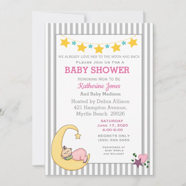 Aimez-Vous À La Lune Baby Girl Shower Invitation (Devant)