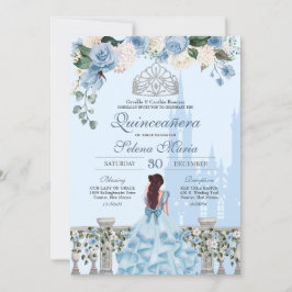 Ainderella Blue Rose Silver Princess Quinceanera Einladung