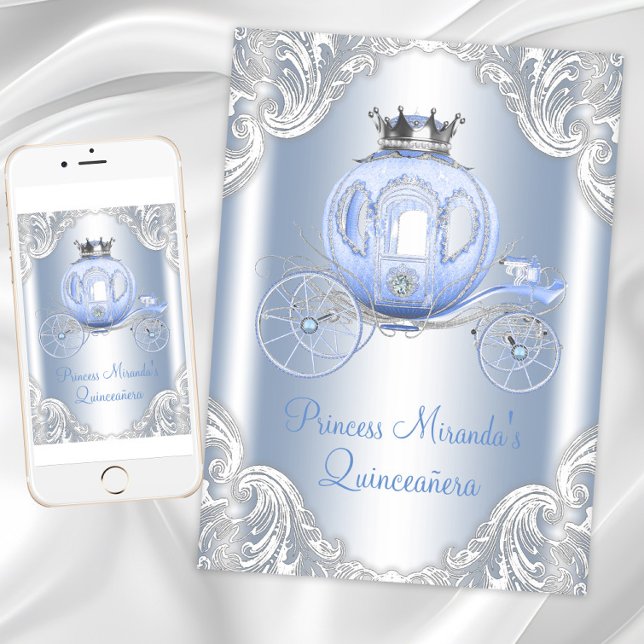Ainderella Blue Silver Princess Quinceanera Einladung (Cinderella princess birthday party invitation. Digital download and printed invitations available.)