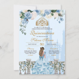 Ainderella Blue w Gold Floral Princess Quinceanera Einladung