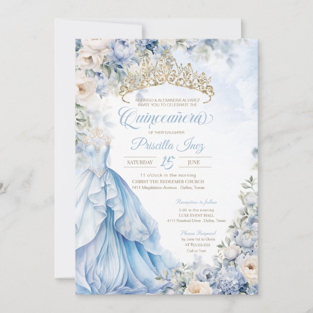 Ainderella Princess Light Blue Gold Quinceañera Einladung (Vorderseite)