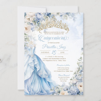 Ainderella Princess Light Blue Gold Quinceañera Einladung