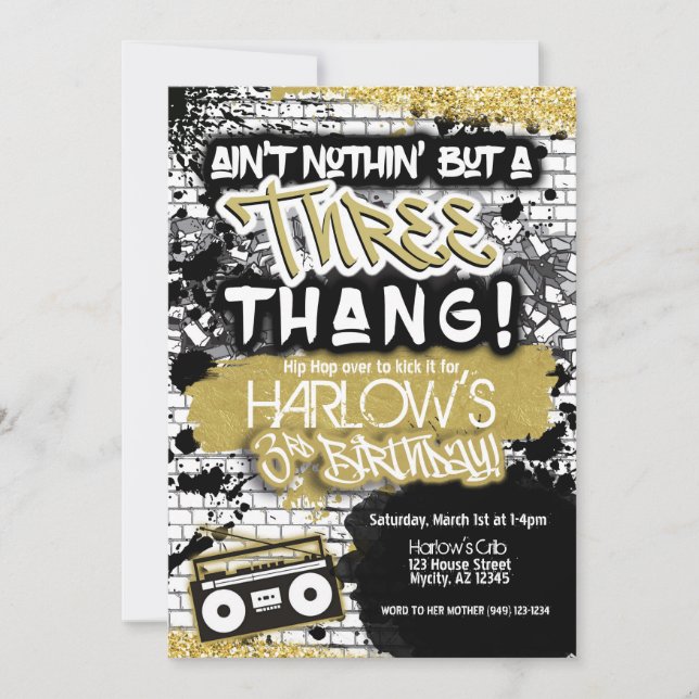 Aint Nothin', aber ein Drei-Thang-Hip-Hop Geburtst Einladung (Vorderseite)