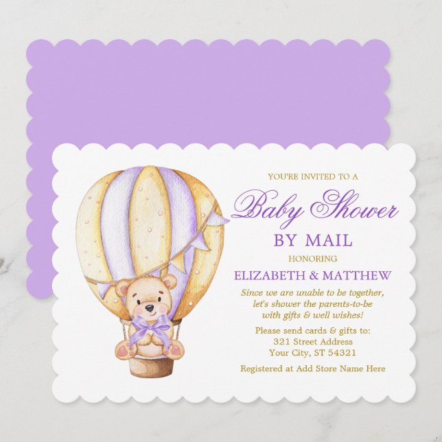 Air Balloon Bear Lila Gold Baby Dusche by Mail Einladung (Vorne/Hinten)