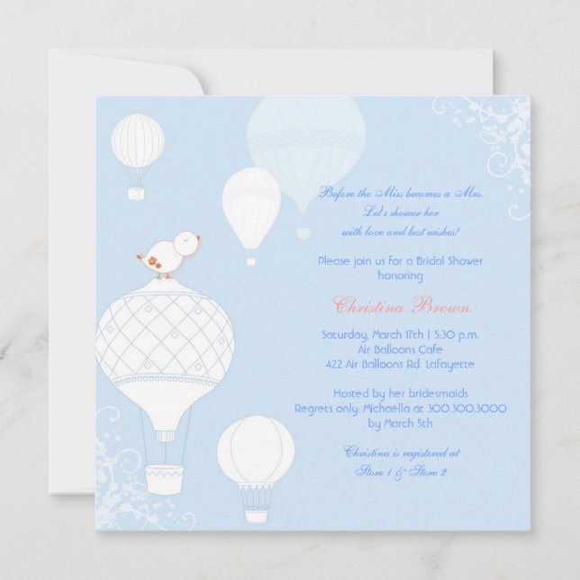 Air Balloon Bird Sky Blue Brautparty Einladung (Vorderseite)