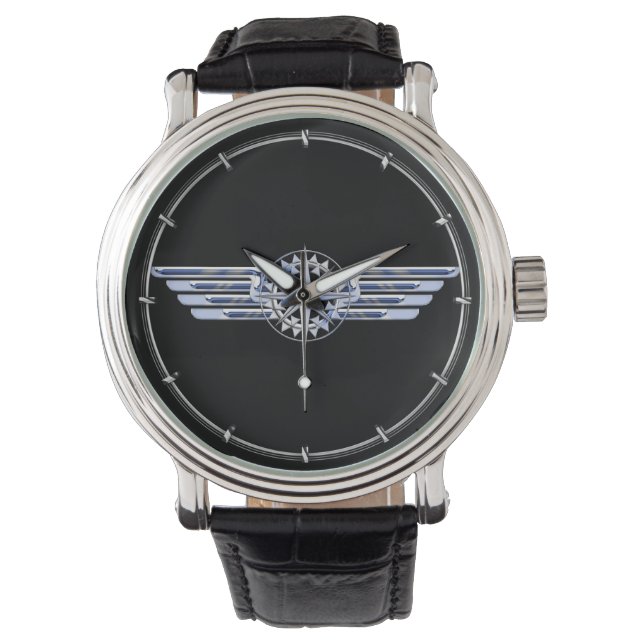 Air Pilot Chrome like Wings Compass auf schwarz Armbanduhr (Vorderseite)