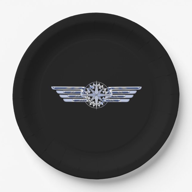 Air Pilot Chrome like Wings Compass auf schwarz Pappteller (Vorderseite)