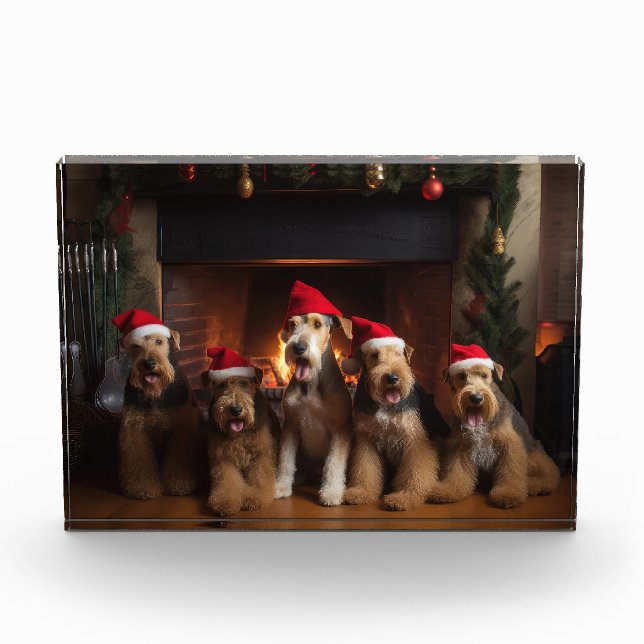 Airedale am Feuerplatz Weihnachten Fotoblock (Vorderseite)