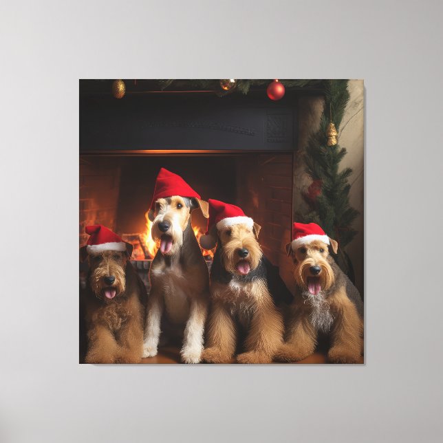 Airedale am Feuerplatz Weihnachten Leinwanddruck (Vorderseite)