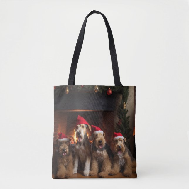 Airedale am Feuerplatz Weihnachten Tasche (Vorderseite)