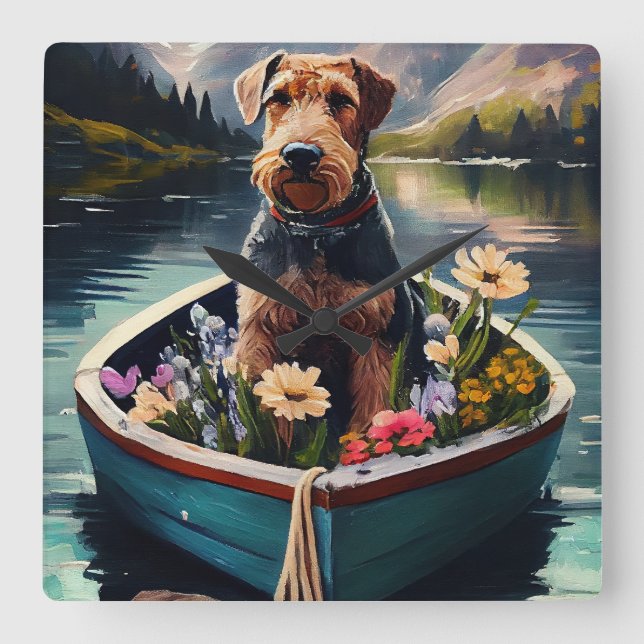 Airedale Dog on a Paddle: Ein Landschaftliches Abe Quadratische Wanduhr (Vorderseite)