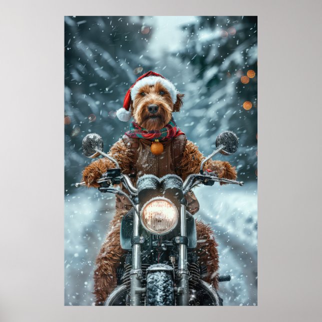 Airedale Dog Riding Motorrad Weihnachten Poster (Vorne)