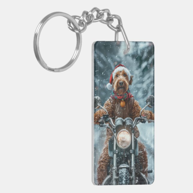 Airedale Dog Riding Motorrad Weihnachten Schlüsselanhänger (Vorderseite links)