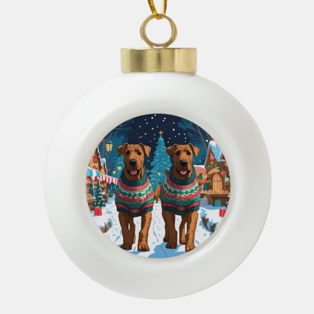 Airedale Dogs Christmas Snow Holiday Keramik Kugel-Ornament (Vorderseite)