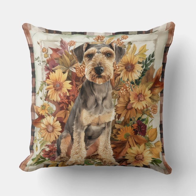 Airedale Herbst Aquarell Blumen Kissen (Vorderseite)