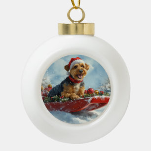 Airedale-Hund im Schlitten Lass es schneien Weihna Keramik Kugel-Ornament