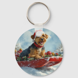 Airedale Hund in Sledge Let it Snow Weihnachten Schlüsselanhänger