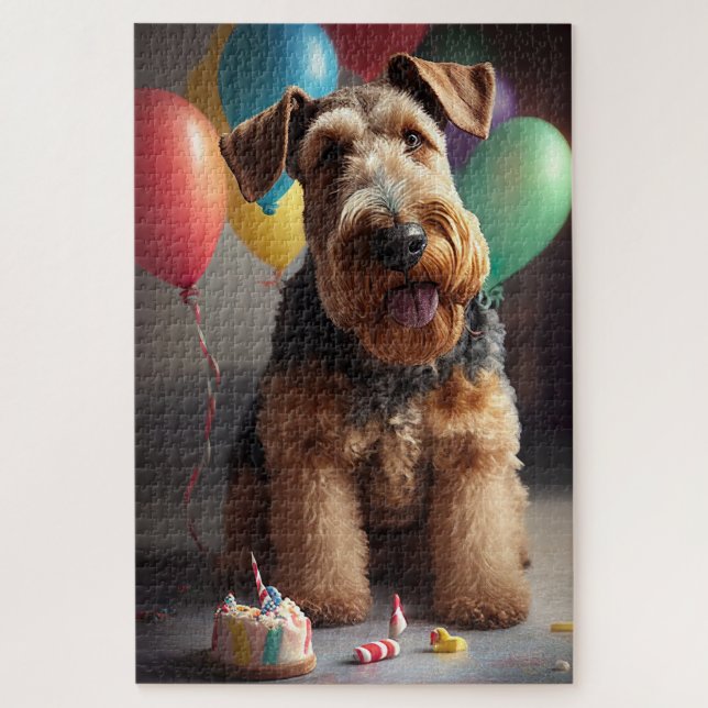 Airedale Hund mit Kuchen und Ballons (Vertikal)