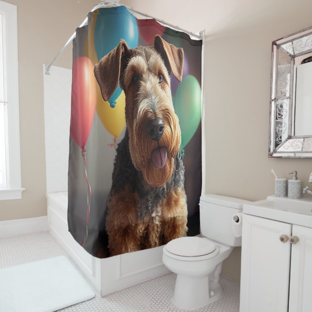 Airedale Hund mit Kuchen und Ballons Duschvorhang (Beispiel)