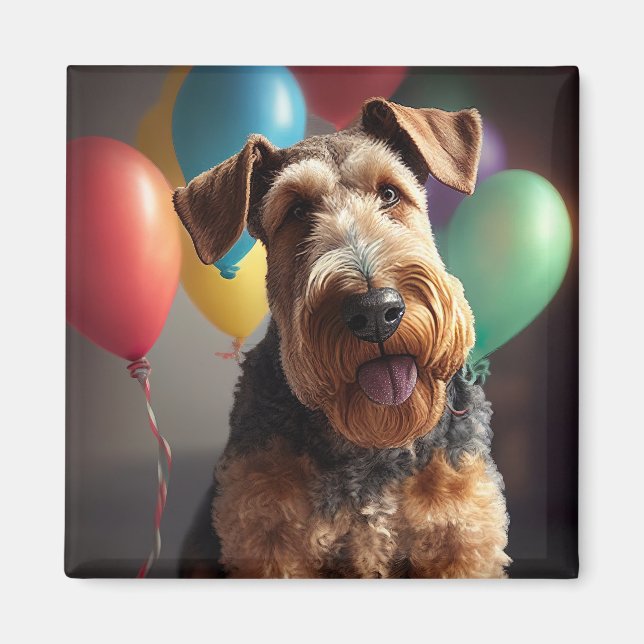 Airedale Hund mit Kuchen und Ballons Magnet (Vorne)