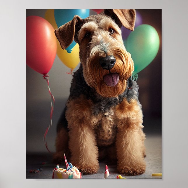 Airedale Hund mit Kuchen und Ballons Poster (Vorne)