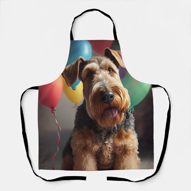 Airedale Hund mit Kuchen und Ballons Schürze (Vorderseite)