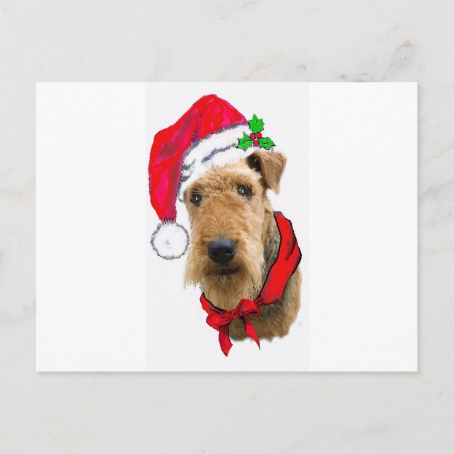 Airedale in der Weihnachtsmannmütze Feiertagspostkarte (Vorderseite)