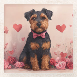Airedale mit Rose - Valentinstag Glasuntersetzer