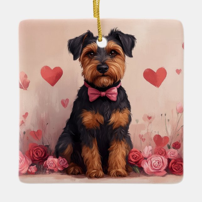Airedale mit Rose - Valentinstag Keramikornament (Vorderseite)