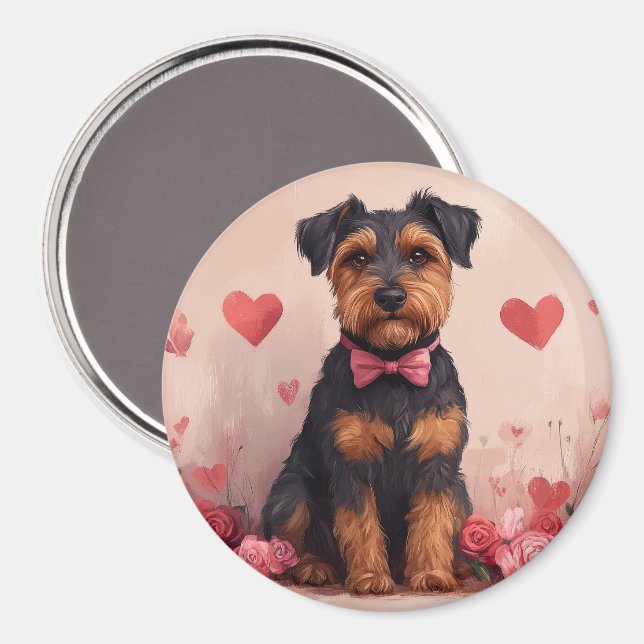 Airedale mit Rose - Valentinstag Magnet (Vorderseite/Rückseite)