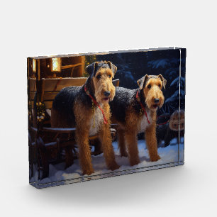 Airedale Snowy Sleigh Reiten Weihnachtsdekor Fotoblock