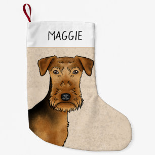 Airedale Terrier Bingley Terrier Dog Kopf und Name Kleiner Weihnachtsstrumpf