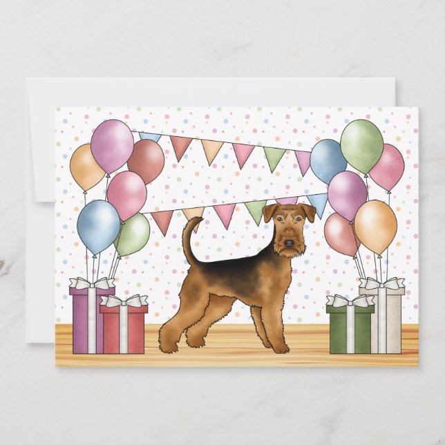 Airedale Terrier Cartoon Hund farbenfroh Geburtsta Einladung (Vorderseite)