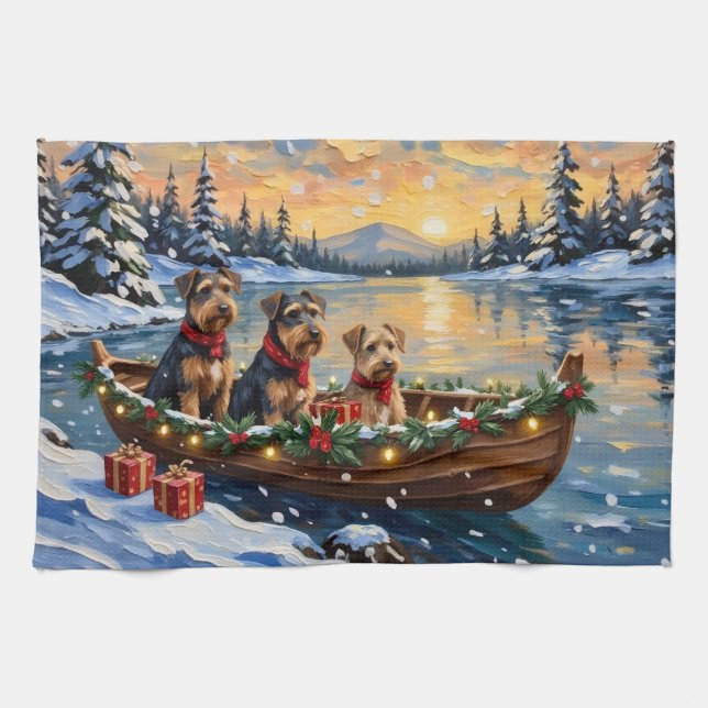 Airedale Terrier Christmas Boat Holiday Geschirrtuch (Horizontal)