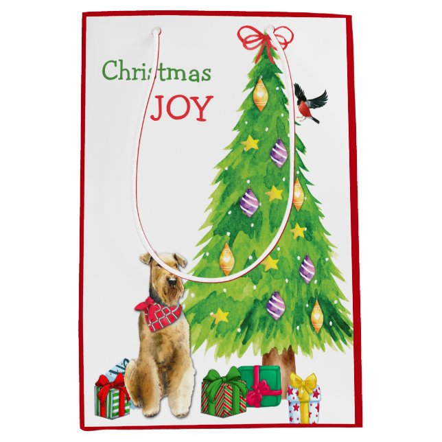 Airedale Terrier Dog, Bird und Weihnachtsbaum Mittlere Geschenktüte (Vorderseite)