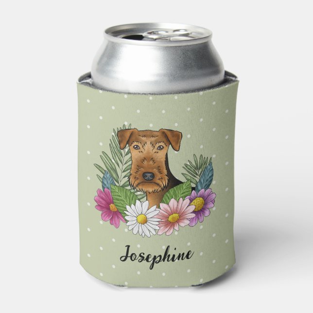 Airedale Terrier Dog Farbige Blume Grün Dosenkühler (Kanne Vorderseite)