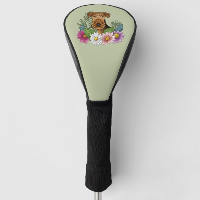 Airedale Terrier Dog Farbige Blume Grün Golf Headcover (Vorderseite)