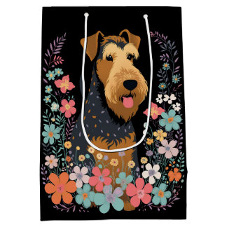 Airedale Terrier Dog im Blumengarten Niedlich Mittlere Geschenktüte