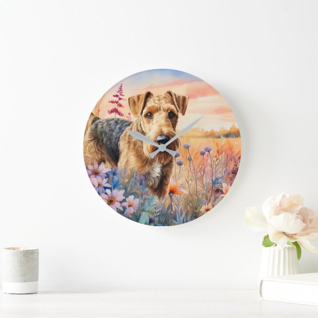 Airedale Terrier Dog in a Wildflower Meadow Große Wanduhr (Zuhause)