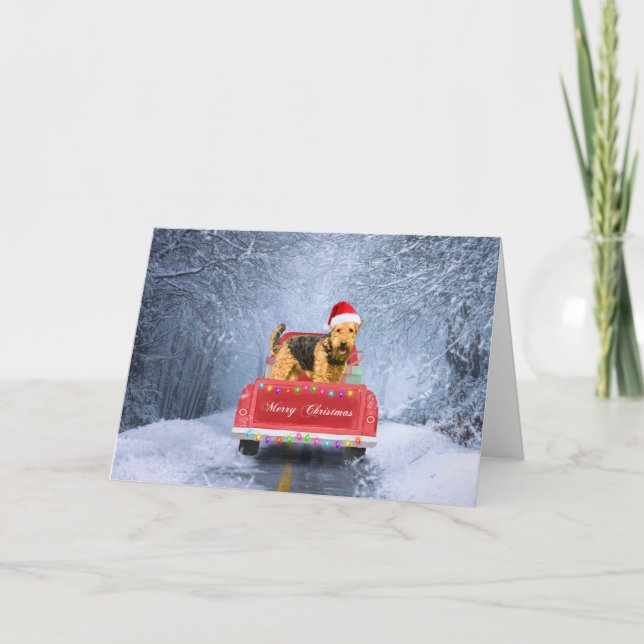 Airedale Terrier Dog in Snow sitzt zu Weihnachten Karte (Vorderseite)
