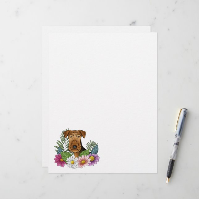 Airedale Terrier Dog mit bunten Blume Briefbogen (Vorderseite/Rückseite Beispiel)