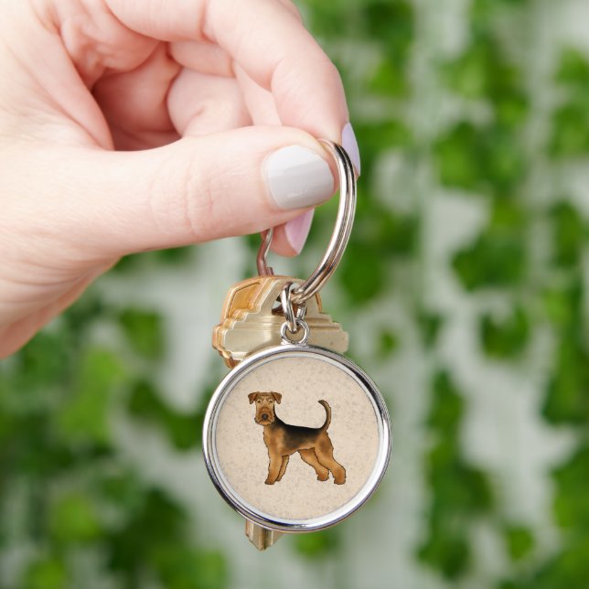 Airedale Terrier Dog Niedlich Cartoon Dog Illustra Schlüsselanhänger (Hand)
