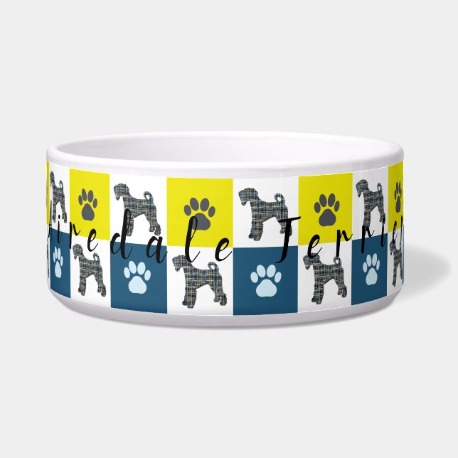 Airedale Terrier Dog & Paw Yellow & Blue Grid Napf (Vorderseite)