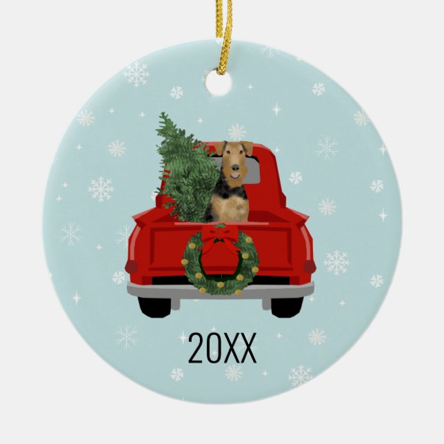 Airedale Terrier dog red truck christmas Keramik Ornament (Vorne)