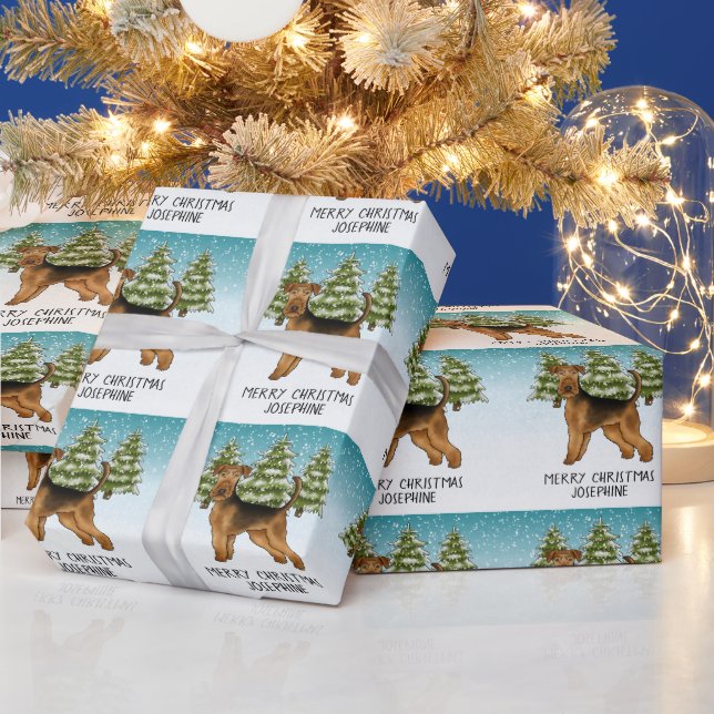 Airedale Terrier Dog Snowy Winterwald Festival Geschenkpapier (Feiertage)
